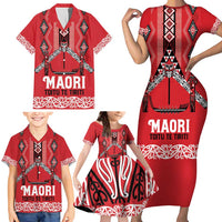Toitu Te Tiriti Waitangi Family Matching Short Sleeve Bodycon Dress and Hawaiian Shirt Red Wharenui House - Polynesian Pride