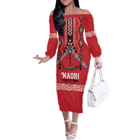 Toitu Te Tiriti Waitangi Off The Shoulder Long Sleeve Dress Red Wharenui House - Polynesian Pride