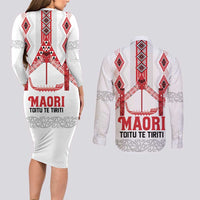 Toitu Te Tiriti Waitangi Couples Matching Long Sleeve Bodycon Dress and Long Sleeve Button Shirt White Wharenui House - Polynesian Pride