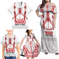 Toitu Te Tiriti Waitangi Family Matching Off Shoulder Maxi Dress and Hawaiian Shirt White Wharenui House - Polynesian Pride