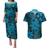 Vintage Tonga Tribal Ngatu Pattern Couples Matching Puletasi and Hawaiian Shirt With Pacific Floral Aqua Art LT9 Aqua - Polynesian Pride