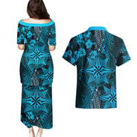 Vintage Tonga Tribal Ngatu Pattern Couples Matching Puletasi and Hawaiian Shirt With Pacific Floral Aqua Art LT9 - Polynesian Pride