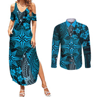 Vintage Tonga Tribal Ngatu Pattern Couples Matching Summer Maxi Dress and Long Sleeve Button Shirt With Pacific Floral Aqua Art LT9 Aqua - Polynesian Pride