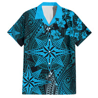 Vintage Tonga Tribal Ngatu Pattern Family Matching Off Shoulder Short Dress and Hawaiian Shirt With Pacific Floral Aqua Art