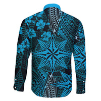 Vintage Tonga Tribal Ngatu Pattern Family Matching Off Shoulder Short Dress and Hawaiian Shirt With Pacific Floral Aqua Art