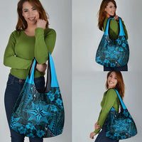 Vintage Tonga Tribal Ngatu Pattern Grocery Bag With Pacific Floral Aqua Art LT9 - Polynesian Pride