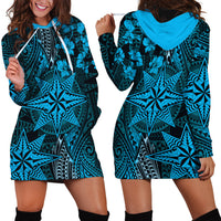 Vintage Tonga Tribal Ngatu Pattern Hoodie Dress With Pacific Floral Aqua Art LT9 - Polynesian Pride