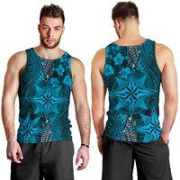 Vintage Tonga Tribal Ngatu Pattern Men Tank Top With Pacific Floral Aqua Art LT9 - Polynesian Pride