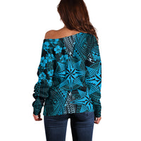 Vintage Tonga Tribal Ngatu Pattern Off Shoulder Sweater With Pacific Floral Aqua Art