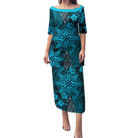 Vintage Tonga Tribal Ngatu Pattern Puletasi With Pacific Floral Aqua Art LT9 Long Dress Aqua - Polynesian Pride