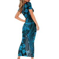 Vintage Tonga Tribal Ngatu Pattern Short Sleeve Bodycon Dress With Pacific Floral Aqua Art