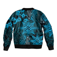 Vintage Tonga Tribal Ngatu Pattern Sleeve Zip Bomber Jacket With Pacific Floral Aqua Art LT9 - Polynesian Pride