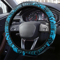 Vintage Tonga Tribal Ngatu Pattern Steering Wheel Cover With Pacific Floral Aqua Art LT9 - Polynesian Pride