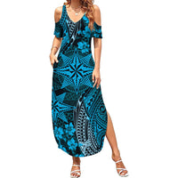 Vintage Tonga Tribal Ngatu Pattern Summer Maxi Dress With Pacific Floral Aqua Art LT9 Women Aqua - Polynesian Pride