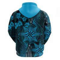 Vintage Tonga Tribal Ngatu Pattern Zip Hoodie With Pacific Floral Aqua Art