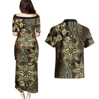Vintage Tonga Tribal Ngatu Pattern Couples Matching Puletasi and Hawaiian Shirt With Pacific Floral Brown Art LT9 - Polynesian Pride