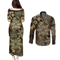 Vintage Tonga Tribal Ngatu Pattern Couples Matching Puletasi and Long Sleeve Button Shirt With Pacific Floral Brown Art LT9 - Polynesian Pride
