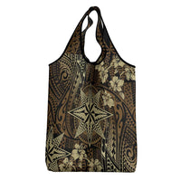 Vintage Tonga Tribal Ngatu Pattern Grocery Bag With Pacific Floral Brown Art LT9 - Polynesian Pride