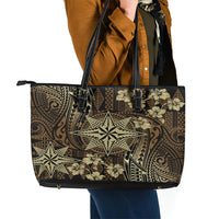 Vintage Tonga Tribal Ngatu Pattern Leather Tote Bag With Pacific Floral Brown Art LT9 - Polynesian Pride
