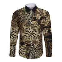 Vintage Tonga Tribal Ngatu Pattern Long Sleeve Button Shirt With Pacific Floral Brown Art LT9 Unisex Brown - Polynesian Pride