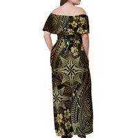 Vintage Tonga Tribal Ngatu Pattern Off Shoulder Maxi Dress With Pacific Floral Brown Art