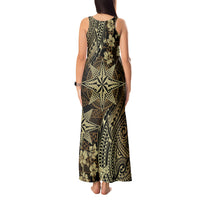 Vintage Tonga Tribal Ngatu Pattern Tank Maxi Dress With Pacific Floral Brown Art LT9 - Polynesian Pride