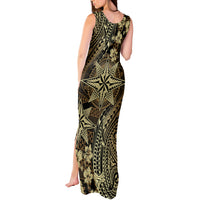 Vintage Tonga Tribal Ngatu Pattern Tank Maxi Dress With Pacific Floral Brown Art LT9 - Polynesian Pride