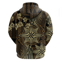 Vintage Tonga Tribal Ngatu Pattern Zip Hoodie With Pacific Floral Brown Art