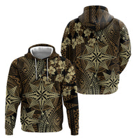 Vintage Tonga Tribal Ngatu Pattern Zip Hoodie With Pacific Floral Brown Art