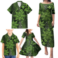 Vintage Tonga Tribal Ngatu Pattern Family Matching Puletasi and Hawaiian Shirt With Pacific Floral Lime Green Art