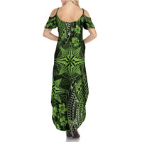 Vintage Tonga Tribal Ngatu Pattern Family Matching Summer Maxi Dress and Hawaiian Shirt With Pacific Floral Lime Green Art