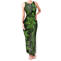 Vintage Tonga Tribal Ngatu Pattern Family Matching Tank Maxi Dress and Hawaiian Shirt With Pacific Floral Lime Green Art
