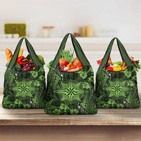 Vintage Tonga Tribal Ngatu Pattern Grocery Bag With Pacific Floral Lime Green Art LT9 3-pack One Size Lime Green - Polynesian Pride
