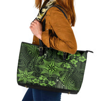 Vintage Tonga Tribal Ngatu Pattern Leather Tote Bag With Pacific Floral Lime Green Art LT9 Lime Green - Polynesian Pride