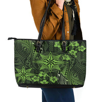 Vintage Tonga Tribal Ngatu Pattern Leather Tote Bag With Pacific Floral Lime Green Art LT9 - Polynesian Pride