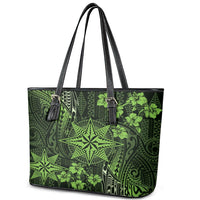 Vintage Tonga Tribal Ngatu Pattern Leather Tote Bag With Pacific Floral Lime Green Art LT9 - Polynesian Pride