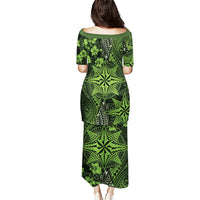 Vintage Tonga Tribal Ngatu Pattern Puletasi With Pacific Floral Lime Green Art LT9 - Polynesian Pride