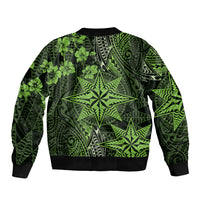 Vintage Tonga Tribal Ngatu Pattern Sleeve Zip Bomber Jacket With Pacific Floral Lime Green Art LT9 - Polynesian Pride