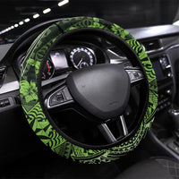 Vintage Tonga Tribal Ngatu Pattern Steering Wheel Cover With Pacific Floral Lime Green Art LT9 Universal Fit Lime Green - Polynesian Pride