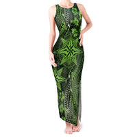 Vintage Tonga Tribal Ngatu Pattern Tank Maxi Dress With Pacific Floral Lime Green Art LT9 Women Lime Green - Polynesian Pride
