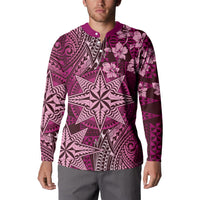 Vintage Tonga Tribal Ngatu Pattern Button Sweatshirt With Pacific Floral Pink Art LT9 - Polynesian Pride