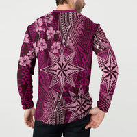 Vintage Tonga Tribal Ngatu Pattern Button Sweatshirt With Pacific Floral Pink Art LT9 - Polynesian Pride