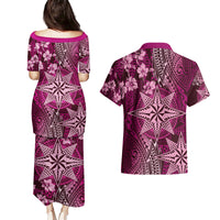 Vintage Tonga Tribal Ngatu Pattern Couples Matching Puletasi and Hawaiian Shirt With Pacific Floral Pink Art LT9 - Polynesian Pride