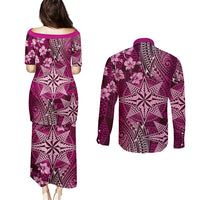 Vintage Tonga Tribal Ngatu Pattern Couples Matching Puletasi and Long Sleeve Button Shirt With Pacific Floral Pink Art LT9 - Polynesian Pride