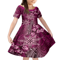 Vintage Tonga Tribal Ngatu Pattern Family Matching Puletasi and Hawaiian Shirt With Pacific Floral Pink Art LT9 Daughter's Dress Pink - Polynesian Pride