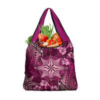 Vintage Tonga Tribal Ngatu Pattern Grocery Bag With Pacific Floral Pink Art LT9 1-pack One Size Pink - Polynesian Pride