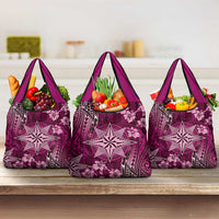 Vintage Tonga Tribal Ngatu Pattern Grocery Bag With Pacific Floral Pink Art LT9 3-pack One Size Pink - Polynesian Pride
