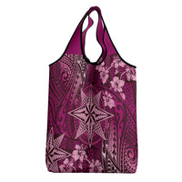 Vintage Tonga Tribal Ngatu Pattern Grocery Bag With Pacific Floral Pink Art LT9 - Polynesian Pride
