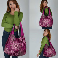 Vintage Tonga Tribal Ngatu Pattern Grocery Bag With Pacific Floral Pink Art LT9 - Polynesian Pride