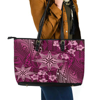 Vintage Tonga Tribal Ngatu Pattern Leather Tote Bag With Pacific Floral Pink Art LT9 - Polynesian Pride